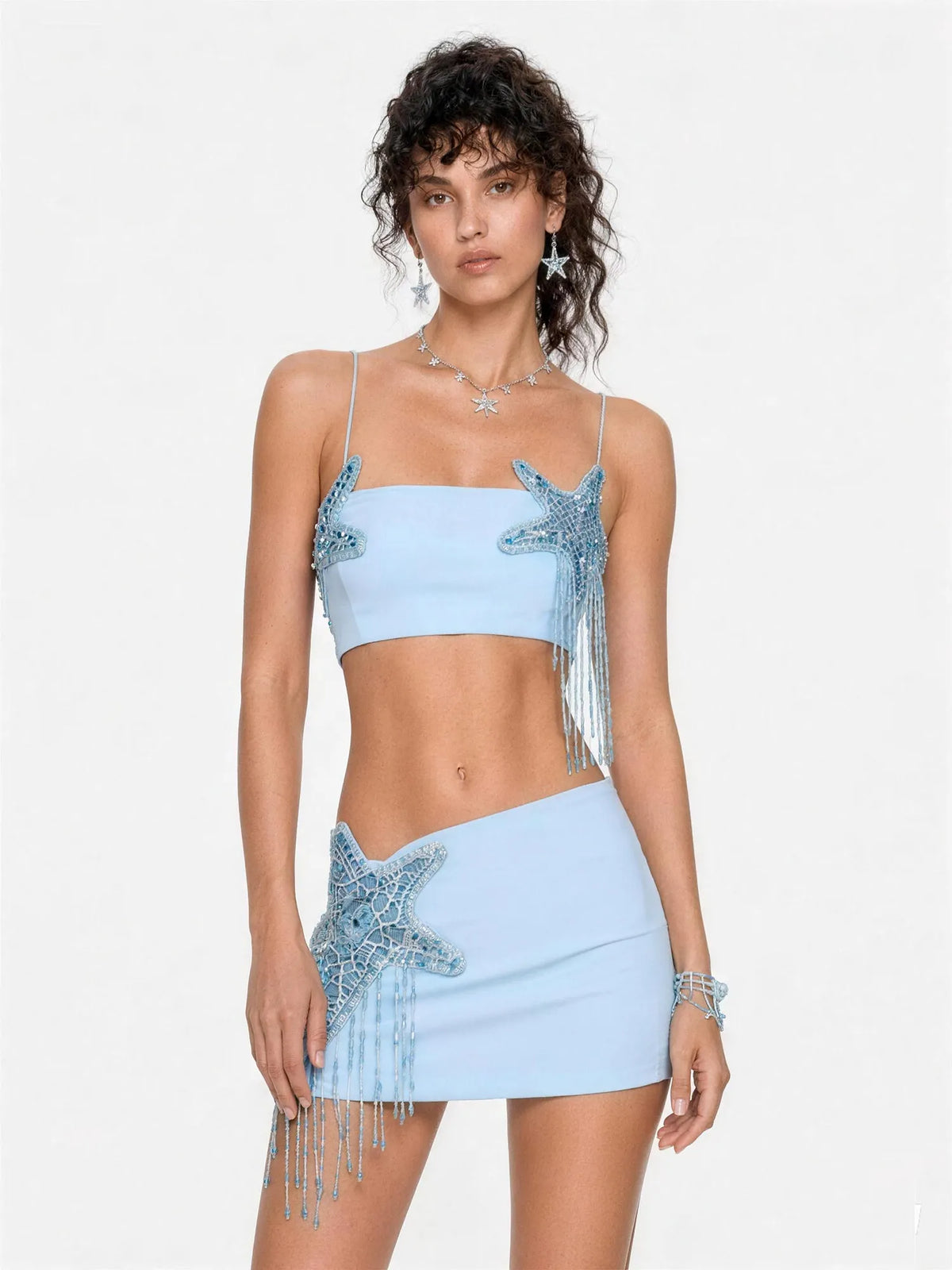 Leandra Starfish Crystal Beaded Bodycon Mini Skirt Set