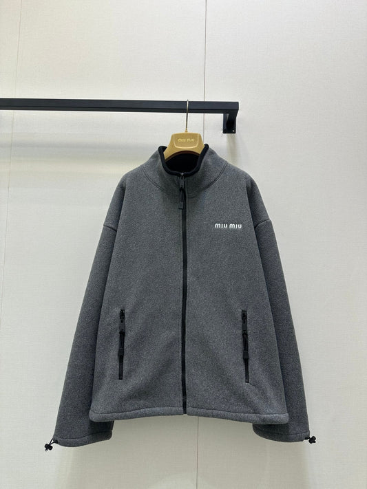 Miu Embroidered Fleece Hooded Zip-Up Jacket Dark Grey Cashmere 346110