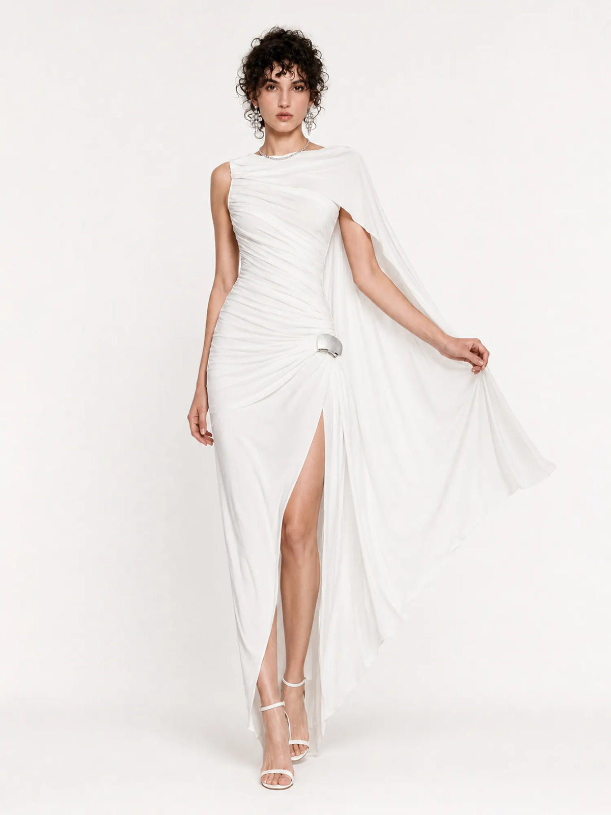 Willow One-Shoulder Pleated Cape Midi Dress