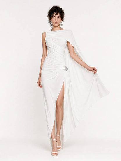 Willow One-Shoulder Pleated Cape Midi Dress