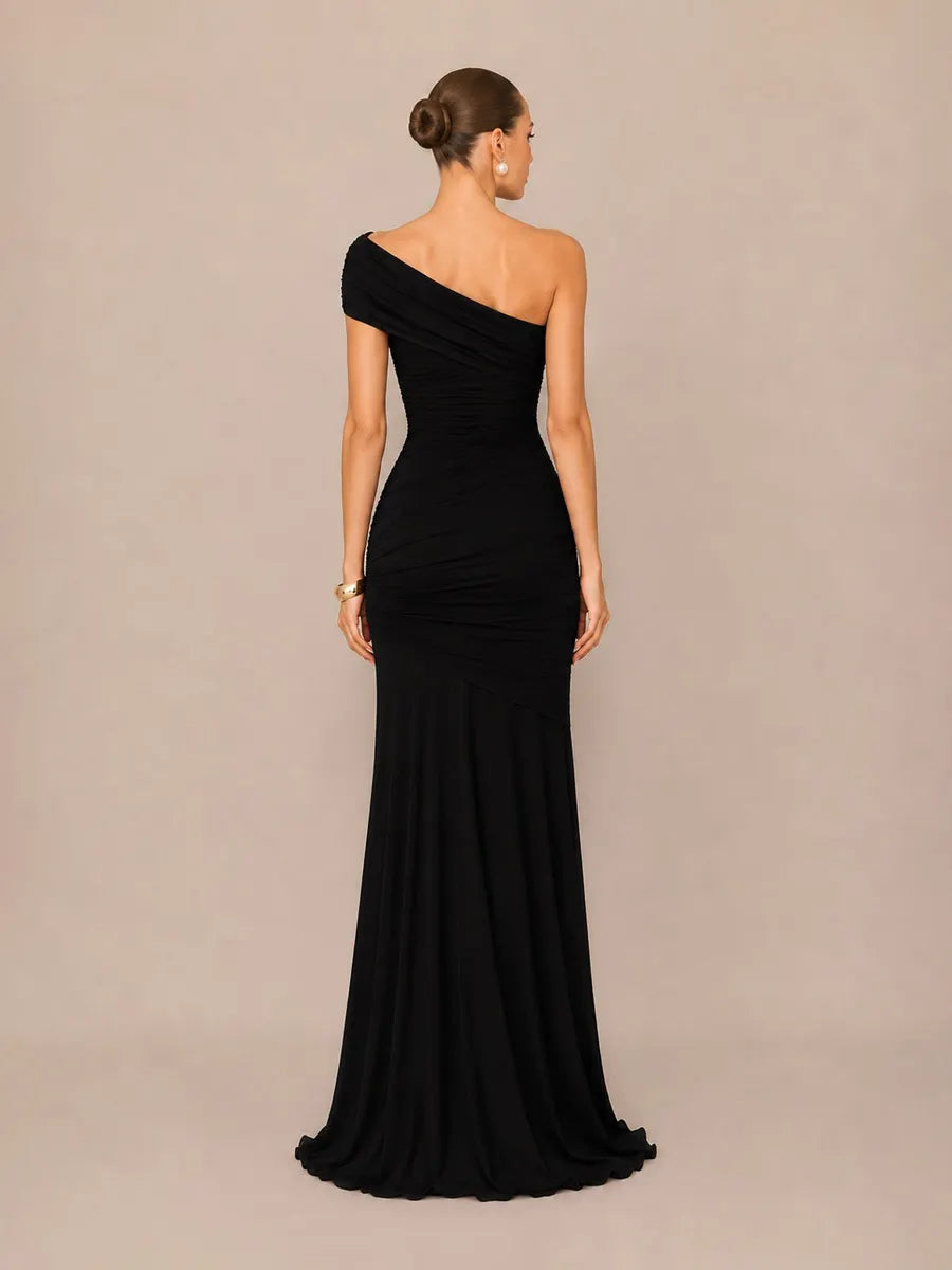 Marcella Asymmetric Neckline Strapless Back-Revealing Bodycon Maxi Dress