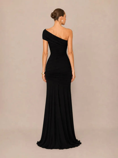 Marcella Asymmetric Neckline Strapless Back-Revealing Bodycon Maxi Dress