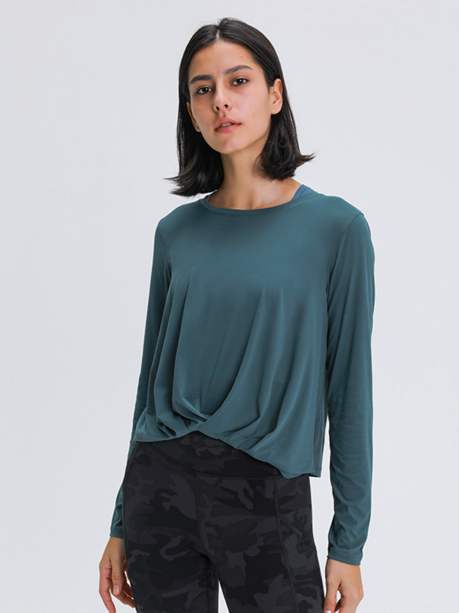 Sanding Nude Yoga Long Sleeve Fashion Versatile Front Hem Pleated Loose Yoga Suit