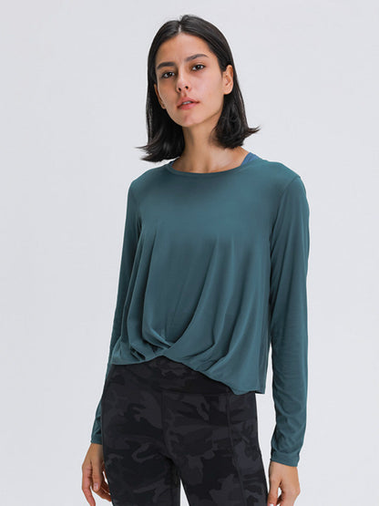 Sanding Nude Yoga Long Sleeve Fashion Versatile Front Hem Pleated Loose Yoga Suit