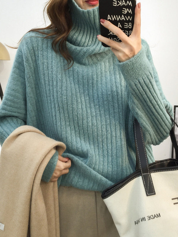 Casual Long Sleeves Loose Solid Color High-Neck Sweater Tops