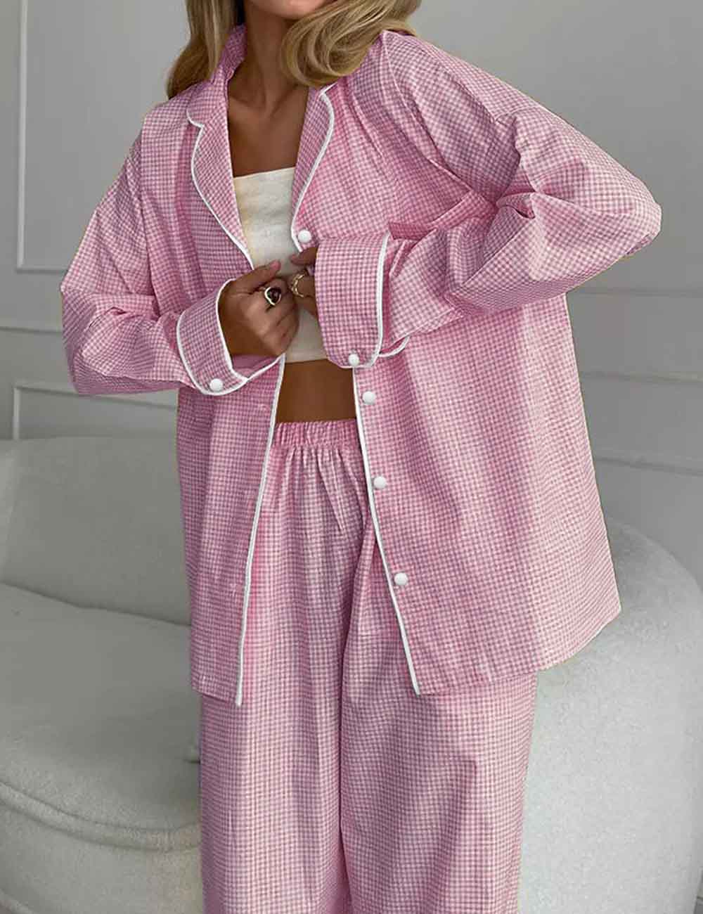 Color Block Plaid Loungewear Pajamas Set