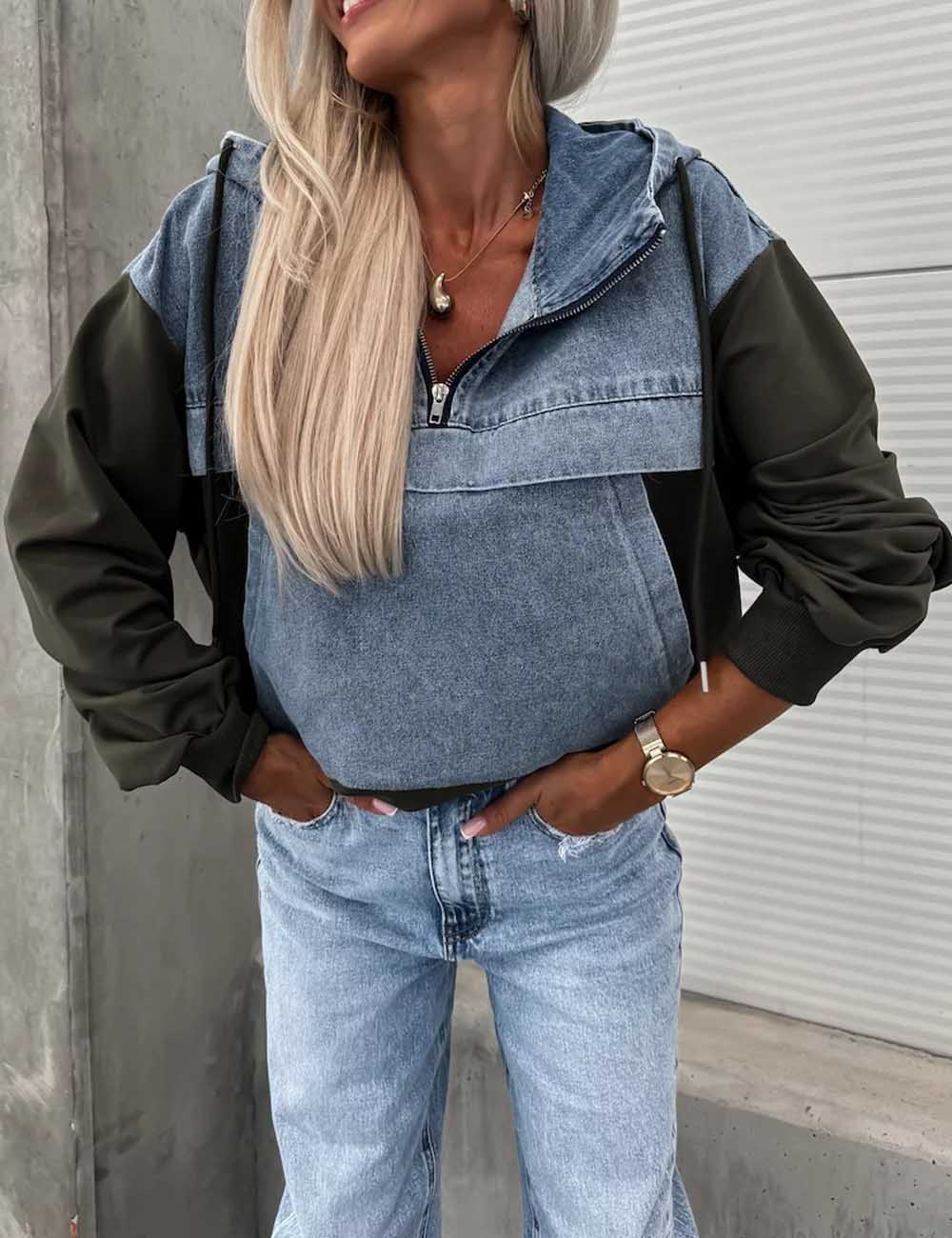 Trendy Splice Color Block Washed Denim Hoodie
