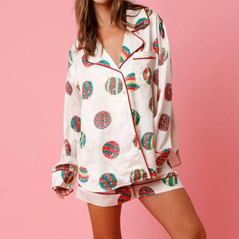 2 Pcs Soft Cartoon Print Satin Christmas Pajamas Set