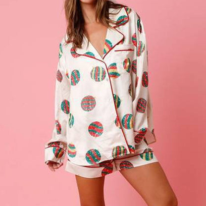 2 Pcs Soft Cartoon Print Satin Christmas Pajamas Set