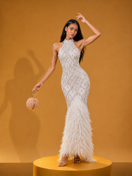 Isolde Elegant Rhinestone & Feather-Hem Maxi Dress In White