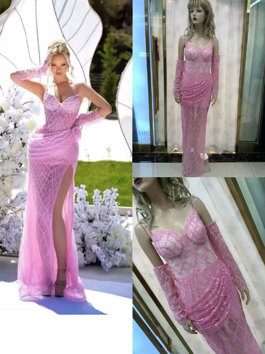 Anabella Mesh Sequined Maxi Dress In Pink