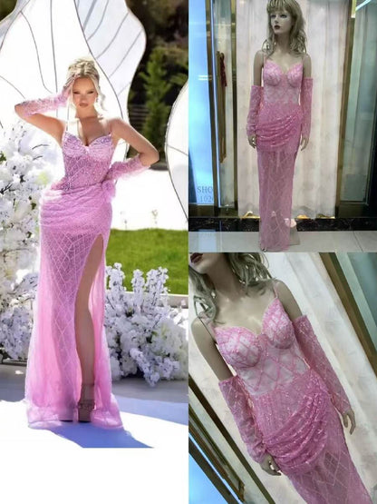 Anabella Mesh Sequined Maxi Dress In Pink
