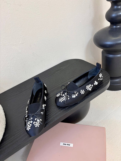 Miu Ballet Flat With Floral Crystal Dark Navy Blue Silk