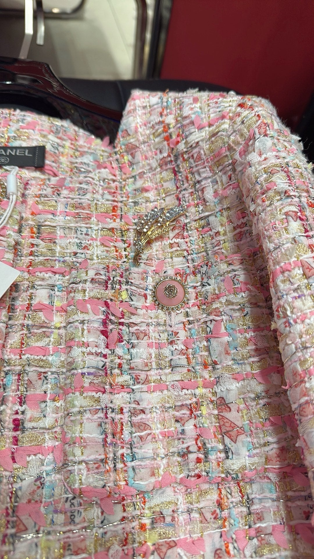 CC Brooch Tweed Pink Jacket