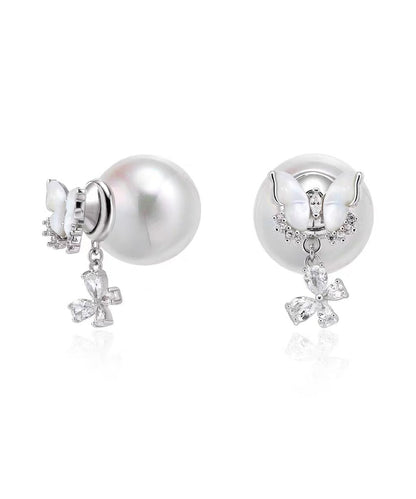 Vogue White Copper Butterfly Zircon Floral Tassel Stud Earrings