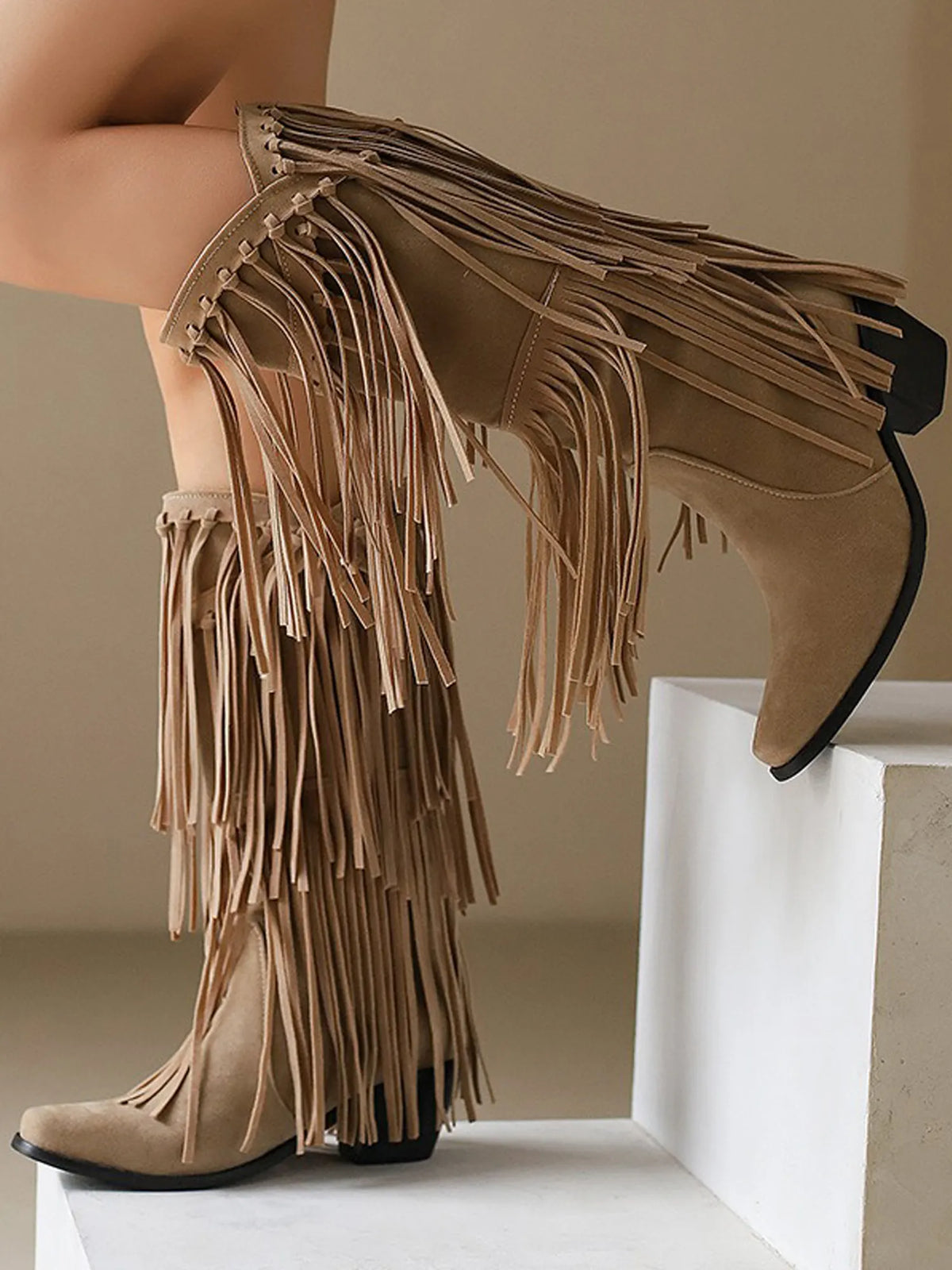 Zaria Ruched Fringed Suede Boots