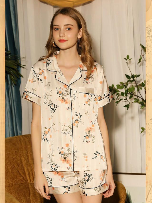 Real Silk Ice Silk Pajamas Women'S Summer Printing Trend Short Sleeve Two Piece Cardigan Casual Home Clothes Issued In Thin Style