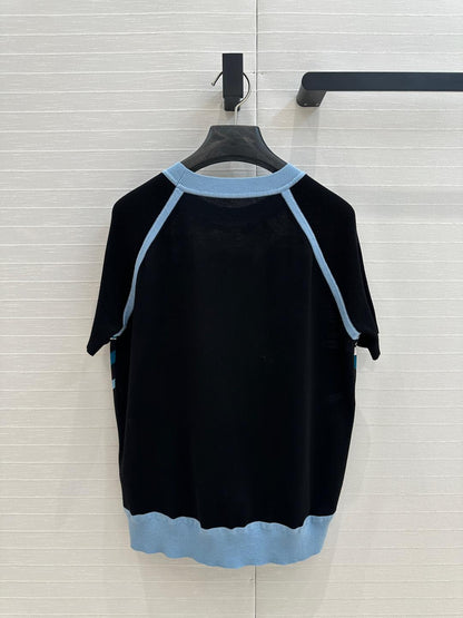 Hm 25 Print Patchwork Knit Top Black Blue Tencel Wool