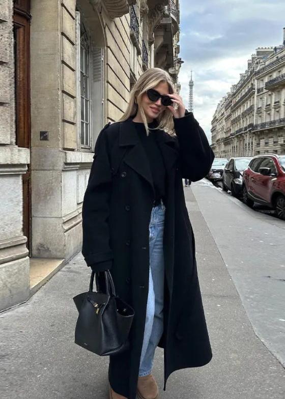 Classic Black Wool Blend Trench Coat with Oversized Lapel