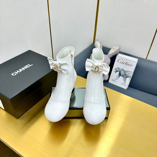 CC Bow-Adorned Rhinestone Boots White Cowhide 564596