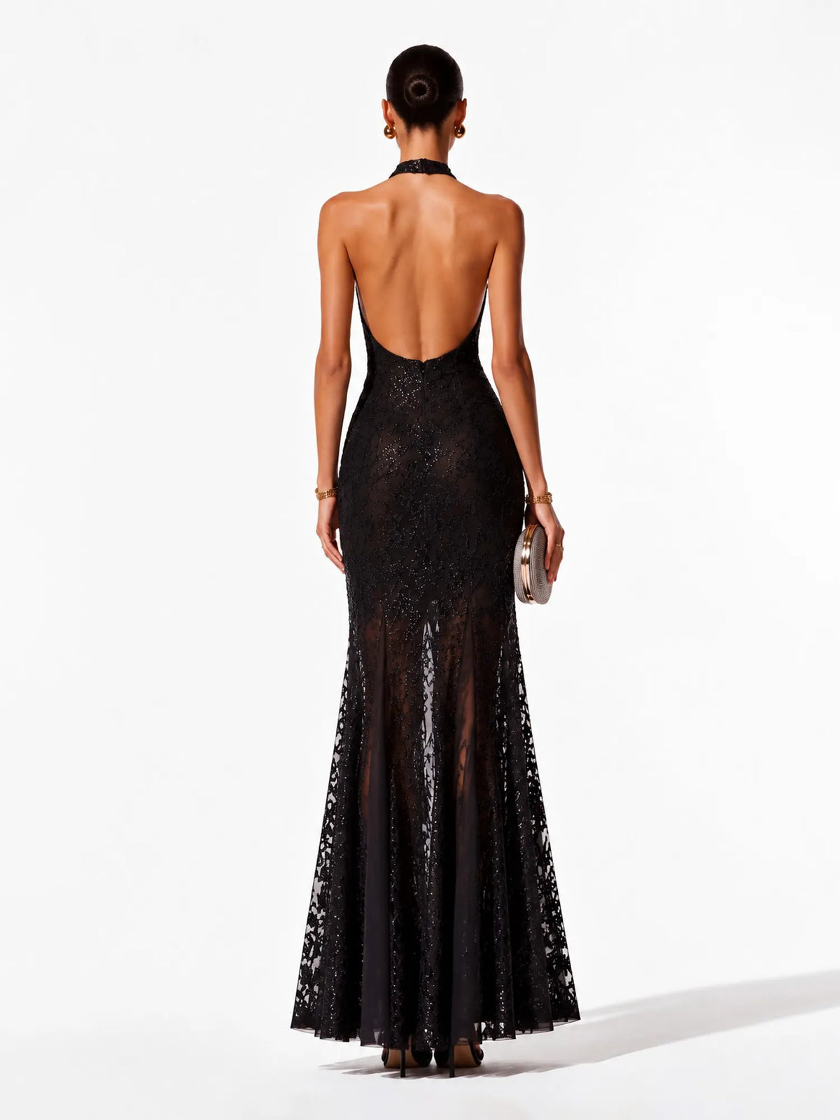 Paloma Luxurious Contour Halter Open Back Floral Sequin Midi Dress