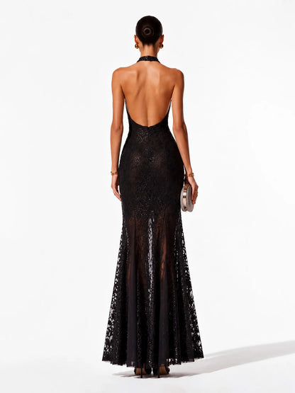 Paloma Luxurious Contour Halter Open Back Floral Sequin Midi Dress