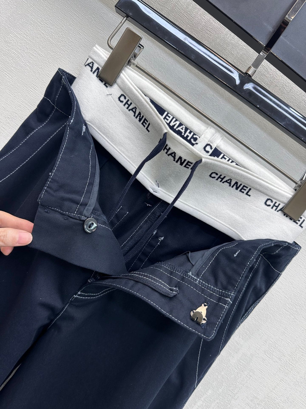 CC Drawstring Webbing Trousers Dark Navy Cotton Tencel 350184