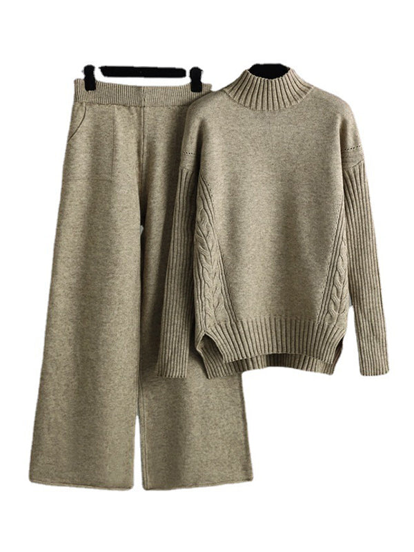 Urban High-Low Wide Leg Split-Side Solid Color Half Turtleneck Sweater Tops Pants Two Pieces Set