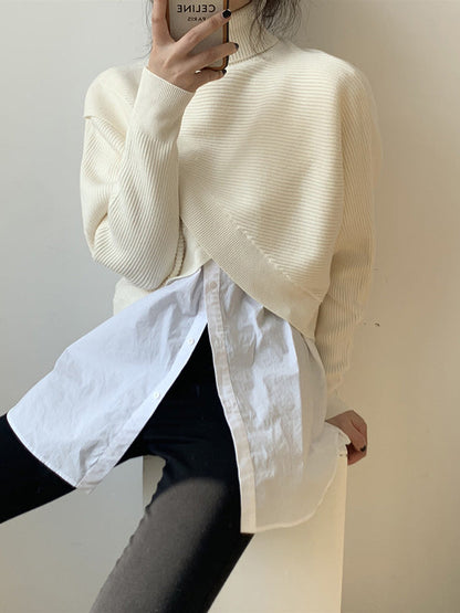 Stylish 4 Colors Knitting High-Neck Asymmetric Split-Front Sweater