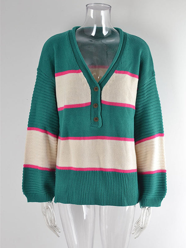 Casual Long Sleeves Loose Striped V-Neck Sweater Tops