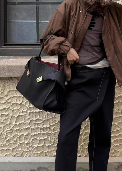 Black Leather Tote Bag with Gold Accents