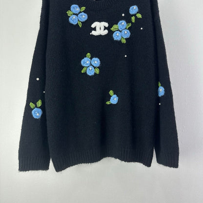 CC Floral Long-Sleeved Sweater Black Wool Nylon 345974