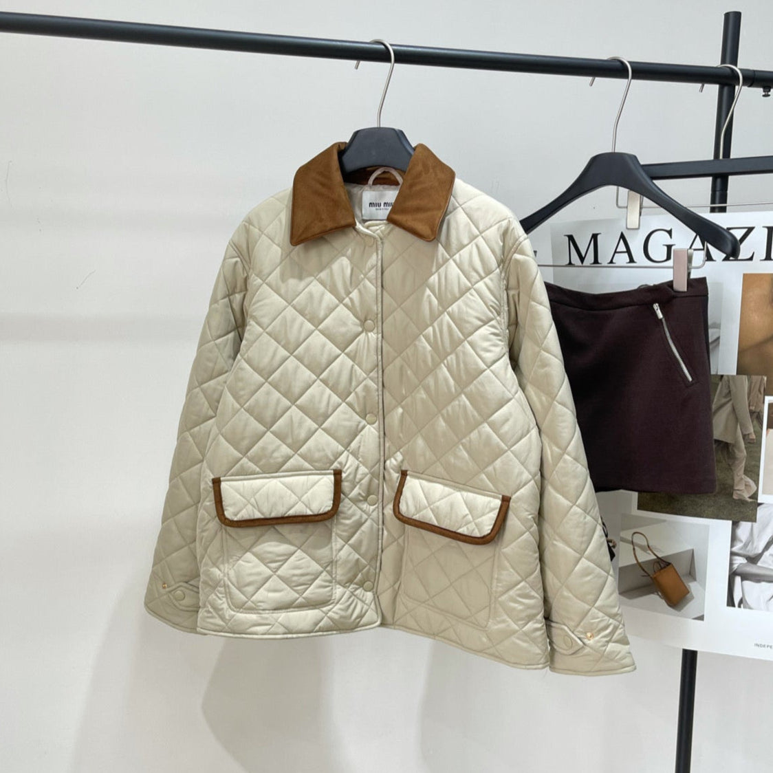 Miu Miu 25 Apricot Brown Plaid Quilted Jacket 296673