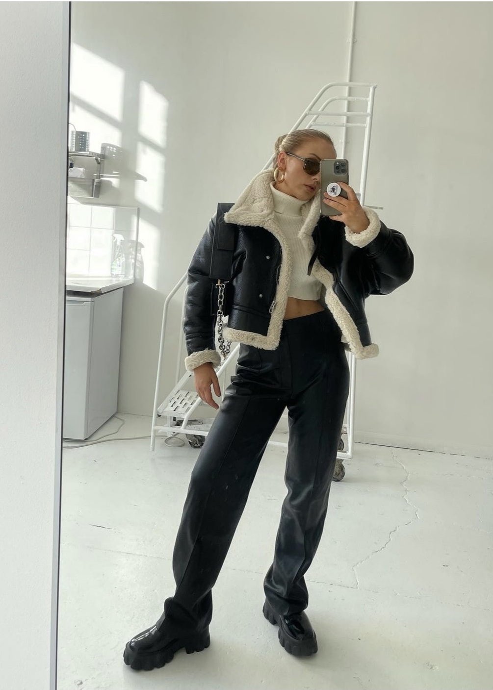 Faux Leather Jacket With Shearling Lining And Cropped Fit