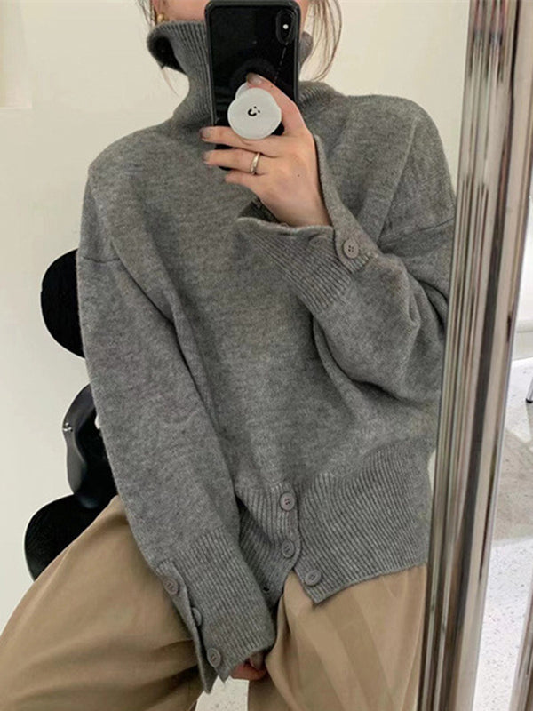 Simple Loose Long Sleeves Solid Color High-Neck Sweater Tops