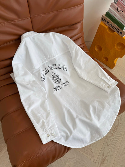 Prada 25 Long Sleeve Shirt With Triangle Logo White Cotton