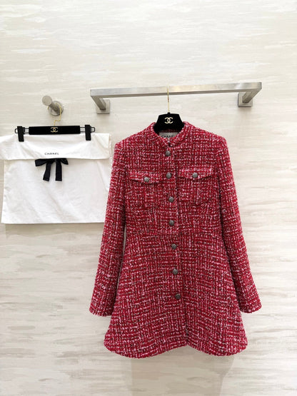 CC Woven Tweed Long-Sleeved Dress Red Pink Tweed 343197