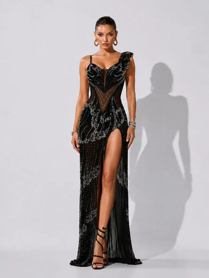 Tatiana Rhinestone-Embellished Slit Bodycon Maxi Dress