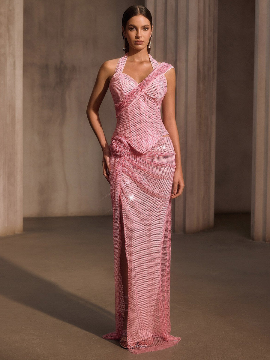 Marisol Rhinestone Mesh Split Flower Maxi Dress