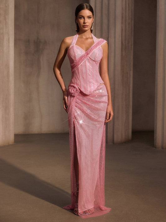 Marisol Rhinestone Mesh Split Flower Maxi Dress