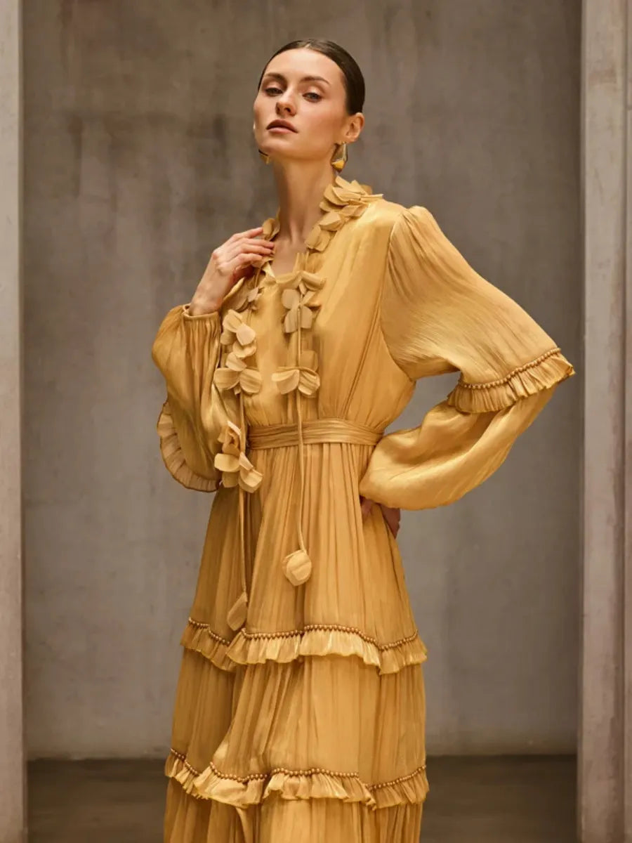 Vivienne Tiered Floral-Appliqué Chiffon Midi Dress