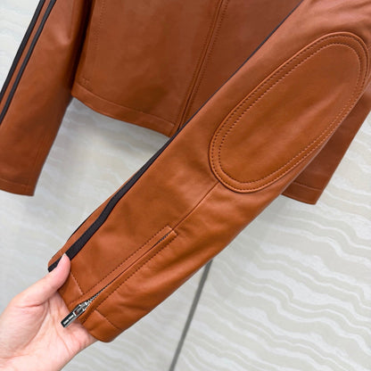 Miu SS26 Nappa Leather Jacket Stripes Brandy Lambskin 351105