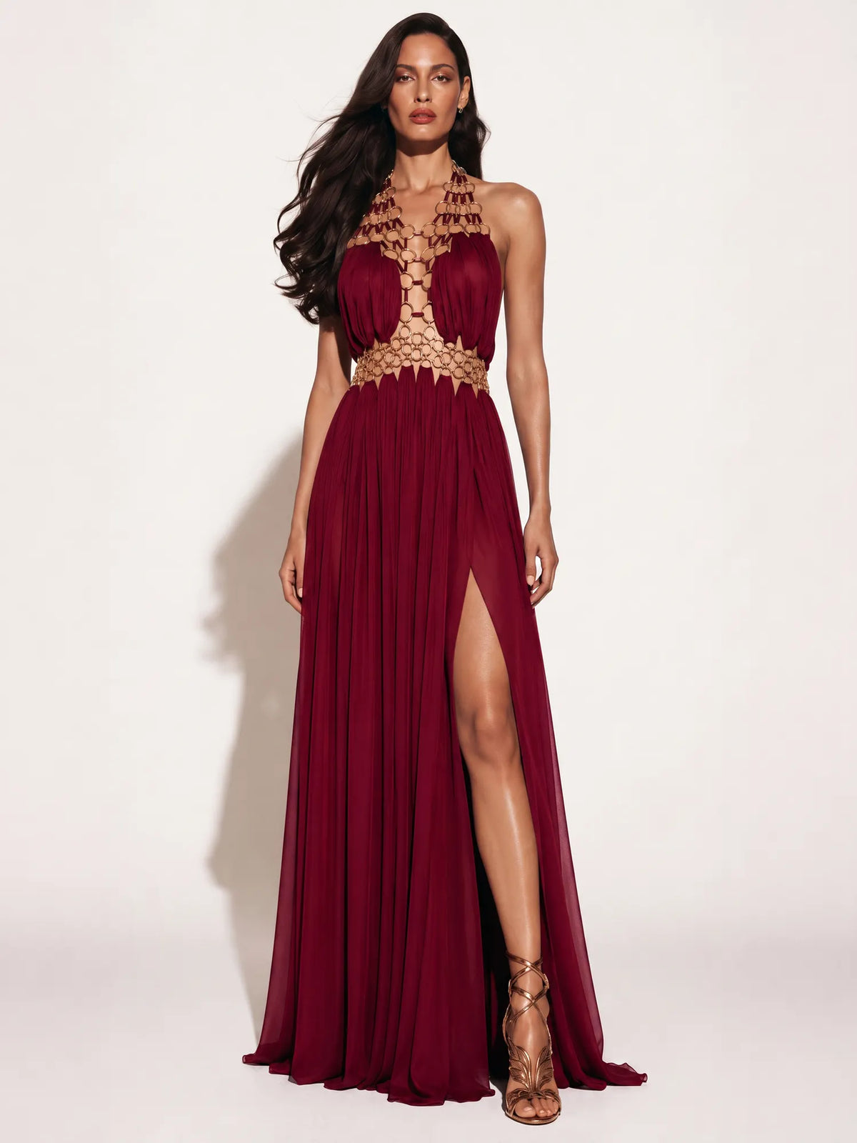 Anaya Cut-out Pleated Mesh Maxi Dress with Slit