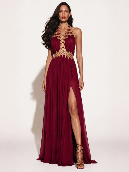 Anaya Cut-out Pleated Mesh Maxi Dress with Slit