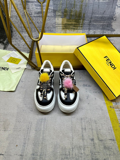 Fendi Match Lace-up Sneakers Black White Sheepskin 575414