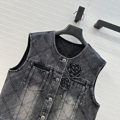 CC Flower Denim Vest Black Cotton