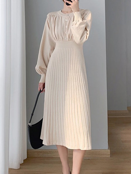 Solid Color Pleated A-Line High Waisted Round-Neck Sweater Dresses