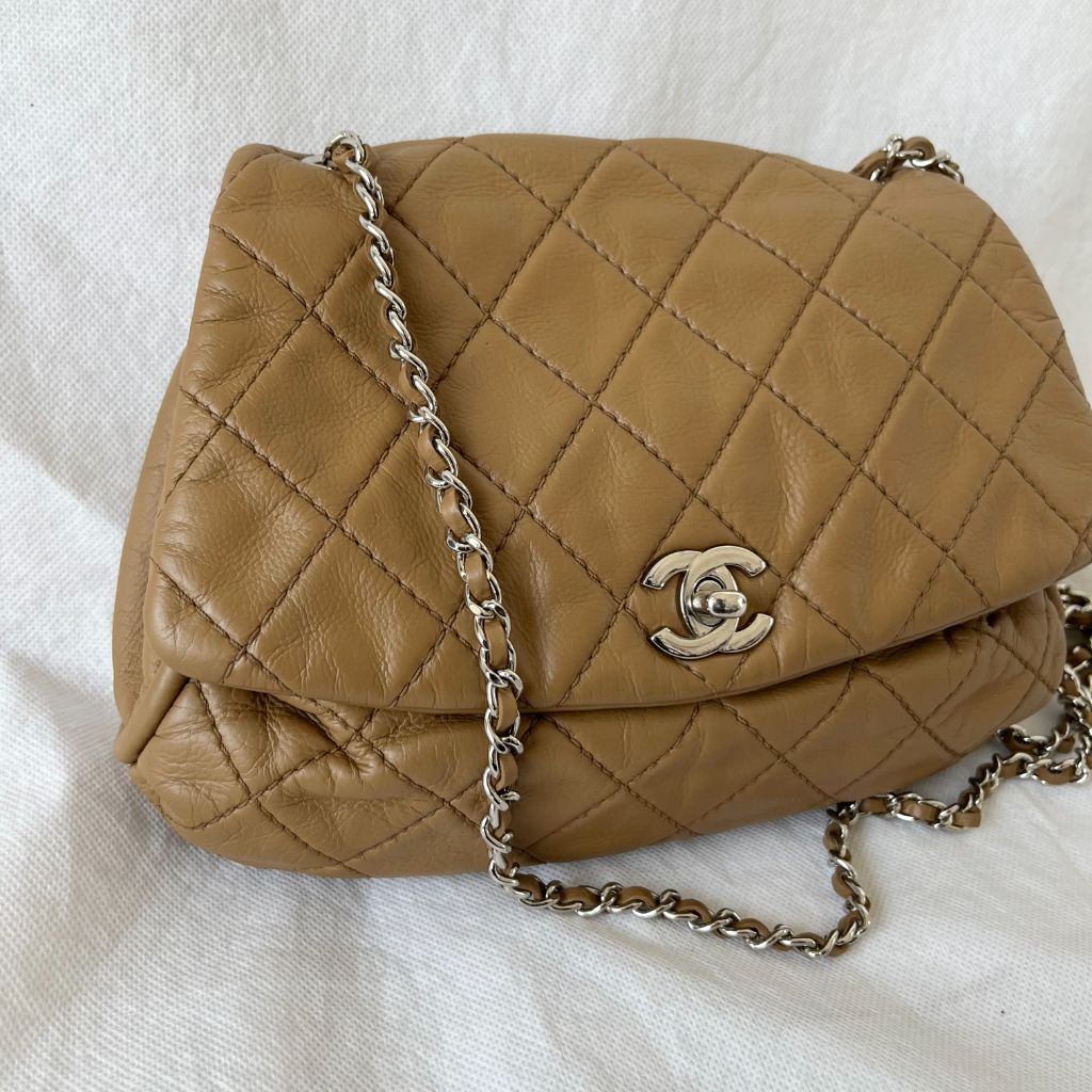 Chanel Tan Quilted Leather Flap Bag With Silver Hardware