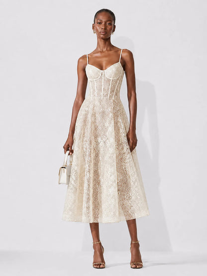 Rosalind Lace Spaghetti-Strap Midi Dress
