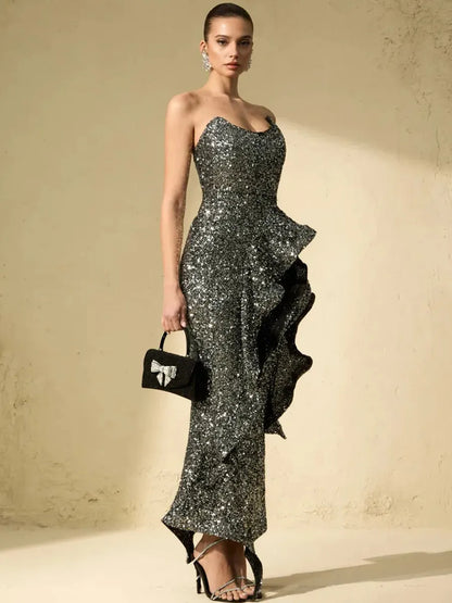 Celestine Sparkle Sequin Asymmetric Ruffle Maxi Dress